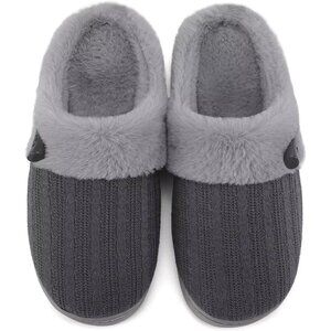 Women's Scuff Faux Fur Lining Memory Warm Foam Plush Gray Rubber Slippers Shoes